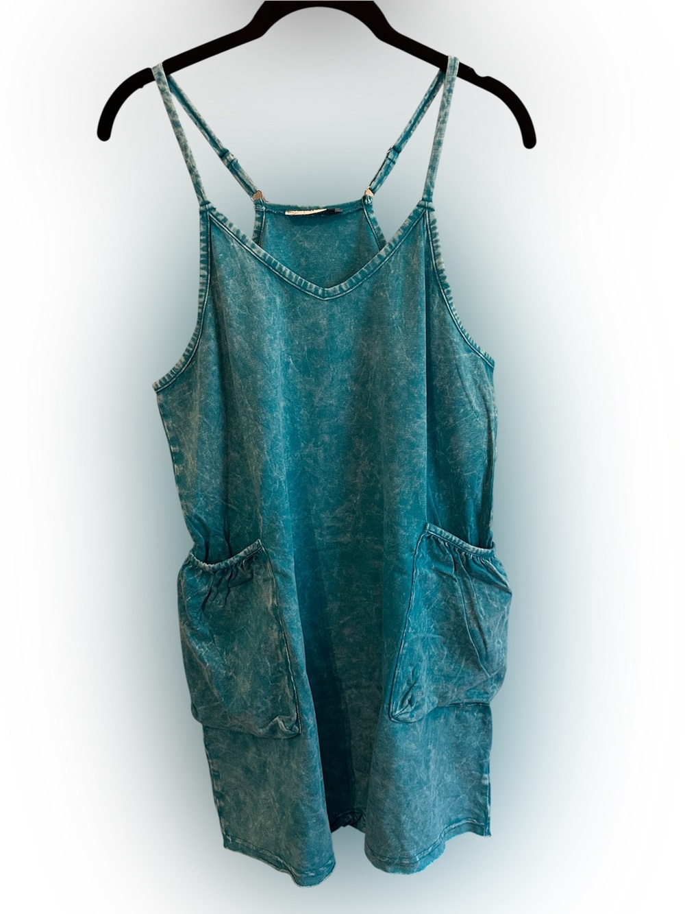 Zenana Outfitters Teal Washed Cotton Romper with Pockets